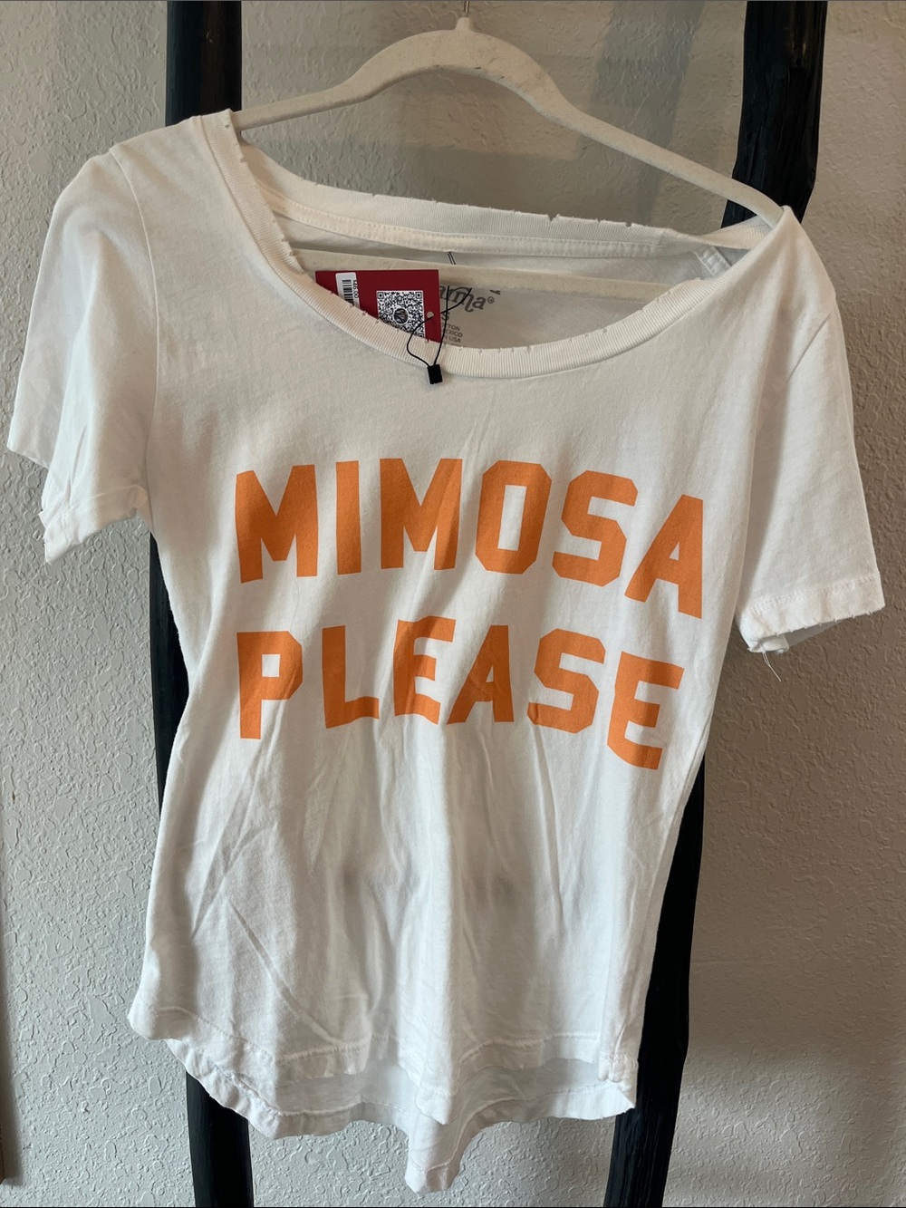 Karma White Tee with Orange 'MIMOSA PLEASE' Graphic